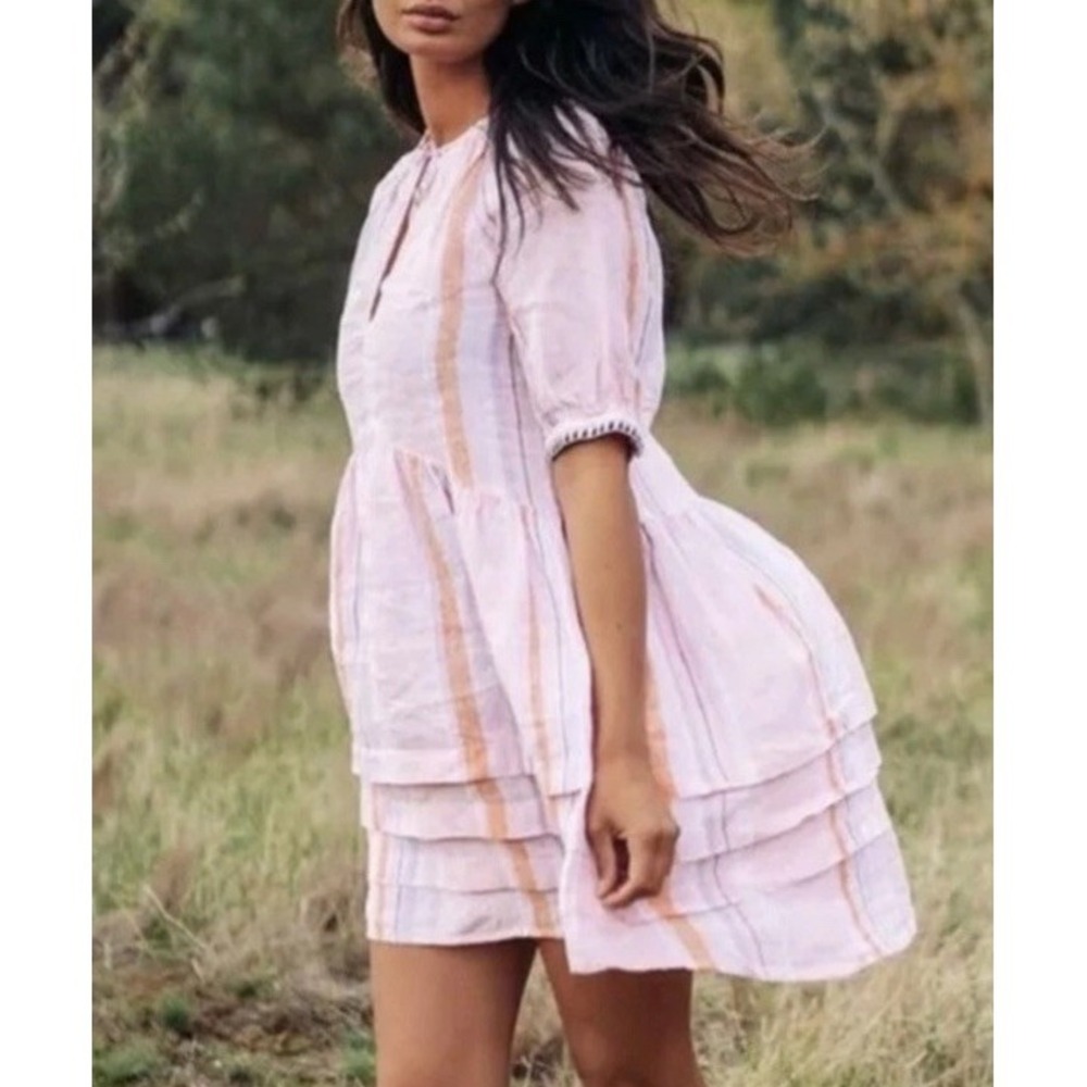 LEMLEM x H&M Pink Stripe Linen Dress L Puff Sleeve Beach Summer - Picture 2 of 12